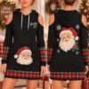 Picture of Personalized Santa Christmas Hoodie Dress, Custom Name Vintage Santa Dress, Red Plaid Cold Shoulder Dress, Christmas Gift for Her