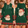 Picture of Personalized Santa Christmas Hoodie Dress, Custom Name Vintage Santa Dress, Red Plaid Cold Shoulder Dress, Christmas Gift for Her