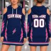 Picture of Personalized Team Hoodie Dress, Custom Name Number Sports Dress, Pink Lightning Cold Shoulder Jersey Dress, Team Gift for Women Christmas