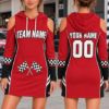 Picture of Personalized Racing Hoodie Dress, Custom Name Number Race Car Dress, Checkered Flag Cold Shoulder Dress, Racing Team Gift for Women