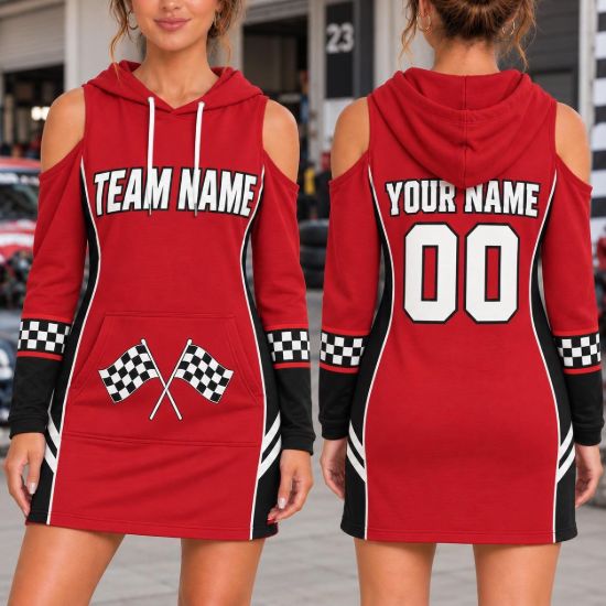 Picture of Personalized Racing Hoodie Dress, Custom Name Number Race Car Dress, Checkered Flag Cold Shoulder Dress, Racing Team Gift for Women
