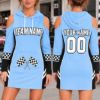 Picture of Personalized Racing Hoodie Dress, Custom Name Number Race Car Dress, Checkered Flag Cold Shoulder Dress, Racing Team Gift for Women