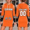 Picture of Personalized Racing Hoodie Dress, Custom Name Number Race Car Dress, Checkered Flag Cold Shoulder Dress, Racing Team Gift for Women