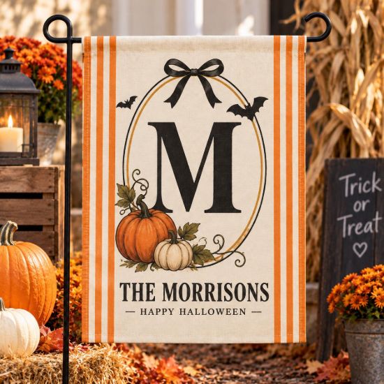 Picture of Personalized Halloween Garden Flag, Custom Monogram Family Name Flag, Pumpkin Fall Yard Decor, Halloween Porch Decor, Housewarming Gift