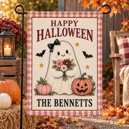 Picture of Personalized Pink Halloween Garden Flag, Custom Family Name Ghost Flag, Cute Pumpkin Fall Yard Decor, Girly Halloween Porch Decor