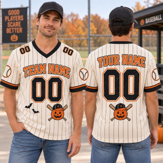 Picture of Personalized Halloween Baseball Jersey, Custom Name Number Baseball Shirt, Pumpkin Baseball Jersey, Spooky Season Team Gift for Men