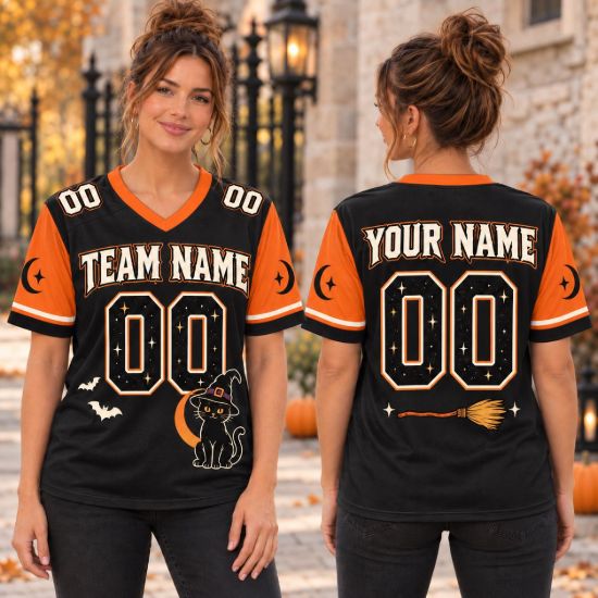 Picture of Personalized Halloween Jersey, Custom Name Number Sports Jersey, Black Cat Witch Shirt, Spooky Team Jersey, Halloween Gift for Women