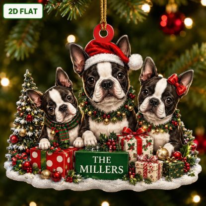 Picture of Personalized Boston Terrier Family Christmas Ornament, Custom Dog Family Gift, Pet Lover Keepsake, Frenchie Style Christmas Holiday Decor