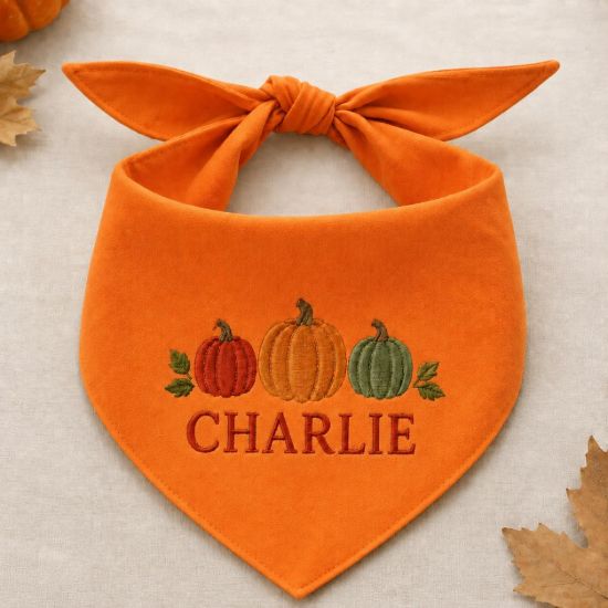 Picture of Personalized Embroidered Dog Bandana, Custom Pet Name Pumpkin Bandana, Fall Thanksgiving Pet Scarf, Autumn Dog Gift 2026 Halloween