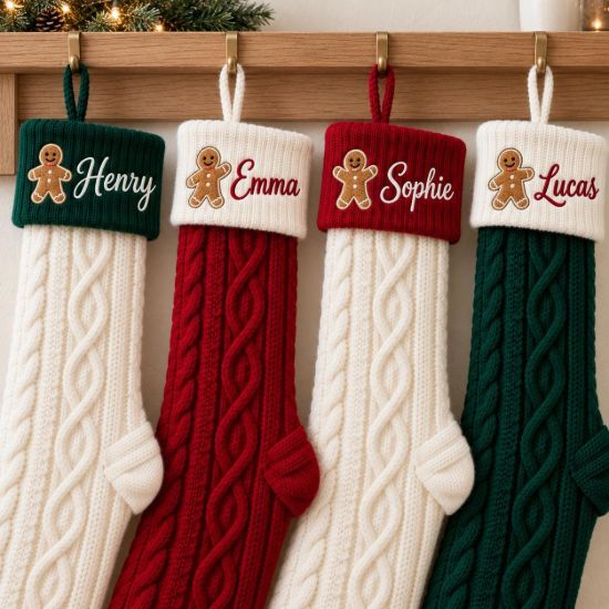 Picture of Personalized Embroidered Christmas Stocking, Custom Name Knit Stocking, Gingerbread Embroidery, Family Holiday Stocking, Christmas Gift 2026