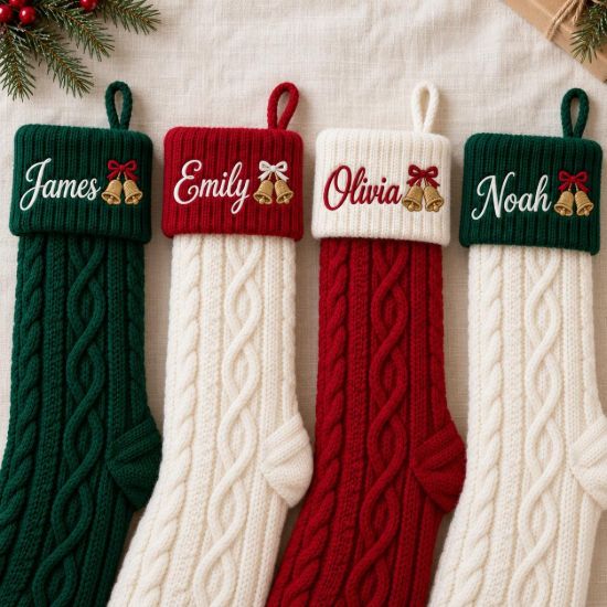 Picture of Personalized Embroidered Christmas Stocking, Custom Name Knit Stocking, Christmas Bell Embroidery, Family Holiday Stocking Gift 2026