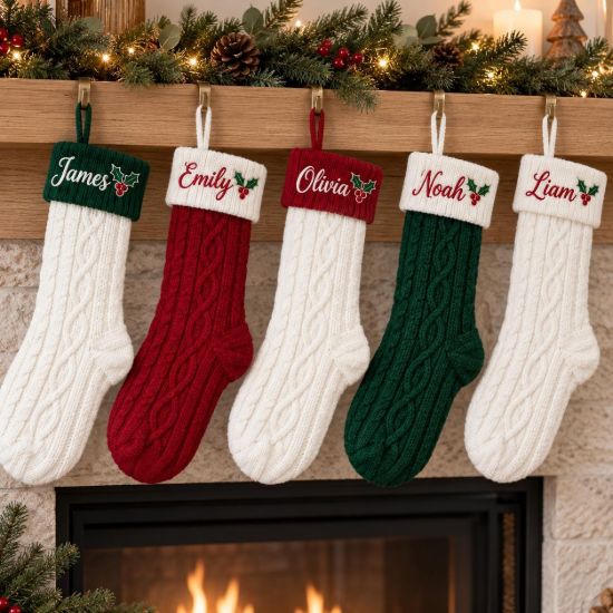 Picture of Personalized Embroidered Christmas Stocking, Custom Name Knit Stocking, Holly Berry Embroidery, Family Holiday Stocking Gift 2026 Christmas