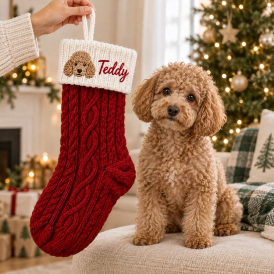 Picture of Personalized Embroidered Dog Christmas Stocking, Custom Pet Name Knit Stocking, Dog Portrait Embroidery, Pet Holiday Gift 2026 Christmas