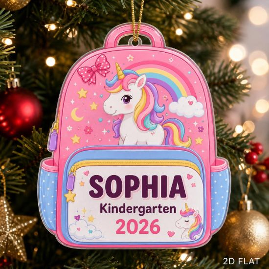 Picture of Unicorn Kindergarten Ornament, Personalized Backpack Keepsake, Custom Name School Gift, Preschool Graduation Ornament, Class of 2026 Gift