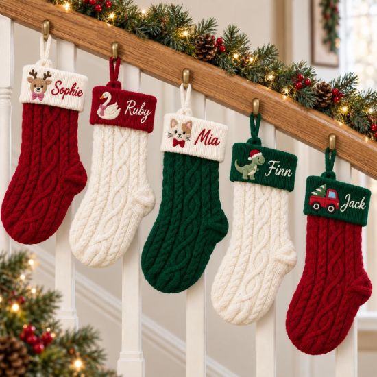 Picture of Personalized Embroidered Christmas Stocking, Custom Name Knit Stocking, Animal Character Embroidery, Kids Family Holiday Gift 2026