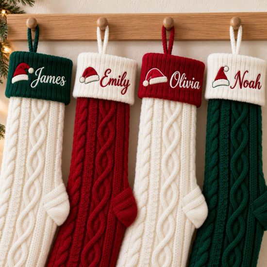 Picture of Personalized Embroidered Christmas Stocking, Custom Name Knit Stocking, Santa Hat Embroidery, Family Holiday Stocking Gift 2026