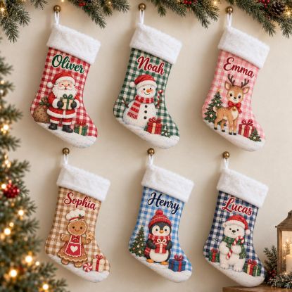 Picture of Personalized Christmas Stocking, Custom Name Kids Stocking, Santa Snowman Reindeer Gingerbread Penguin Bear Holiday Gift 2026