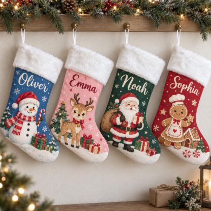 Picture of Personalized Christmas Stocking, Custom Name Kids Stocking, Snowman Reindeer Santa Gingerbread Stocking, Family Holiday Gift 2026