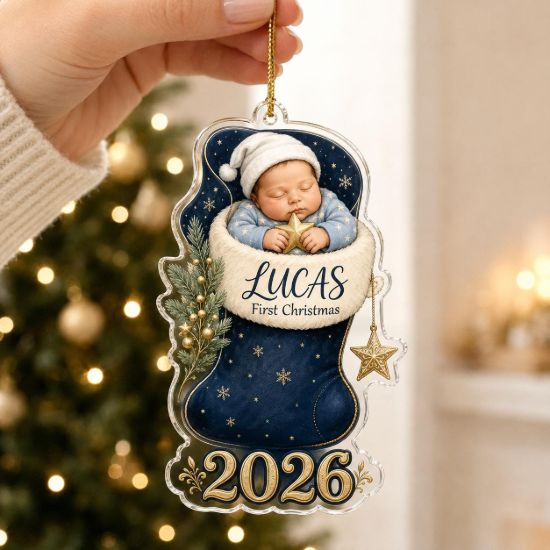 Picture of Baby First Christmas Ornament, Personalized Stocking Keepsake, Custom Newborn Name Acrylic Ornament, 2026 Baby Holiday Gift, Christmas Decor