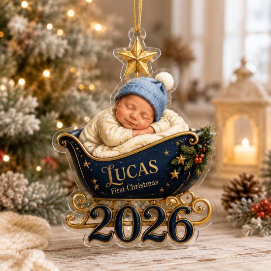 Picture of Baby First Christmas Ornament, Personalized Newborn Keepsake, Custom Name Sleigh Ornament, Baby Holiday Gift, Christmas Tree Decor 2026