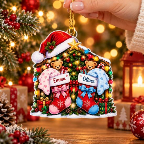 Picture of Baby Twins Christmas Stocking Ornament, Personalized Newborn Acrylic Ornament, Custom First Christmas Tree Decor, Baby Holiday Keepsake Gift