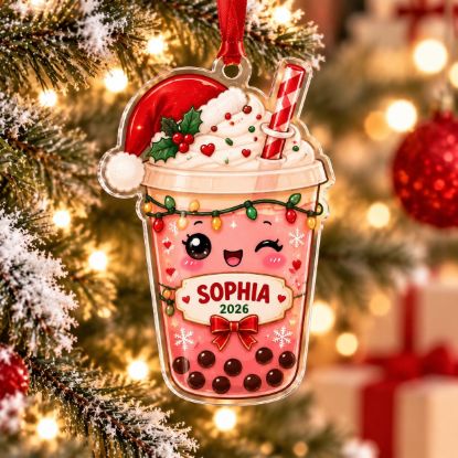 Picture of Boba Tea Christmas Ornament, Personalized Acrylic Ornament, Custom Name Bubble Tea Tree Decor, Cute Drink Lover Holiday Keepsake Gift 2026