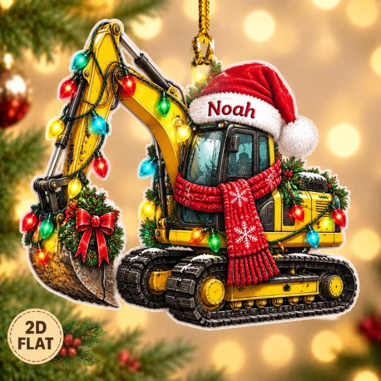 Picture of Construction Excavator Christmas Ornament, Personalized Heavy Equipment Acrylic Ornament, Custom Name Builder Tree Decor Holiday Keepsake