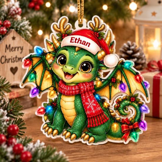 Picture of Dragon Christmas 2D Ornament, Personalized Green Dragon Acrylic Ornament,Custom Name Fantasy Tree Decor, Cute Mythical Creature Holiday Gift