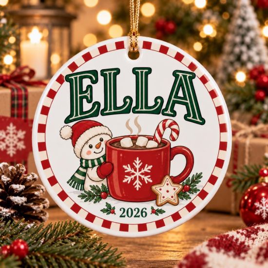 Picture of Personalized Snowman Christmas Ornament 2026, Custom Name Hot Cocoa Ceramic Ornament, Kids Christmas Acrylic Ornament, Holiday Keepsake Gift