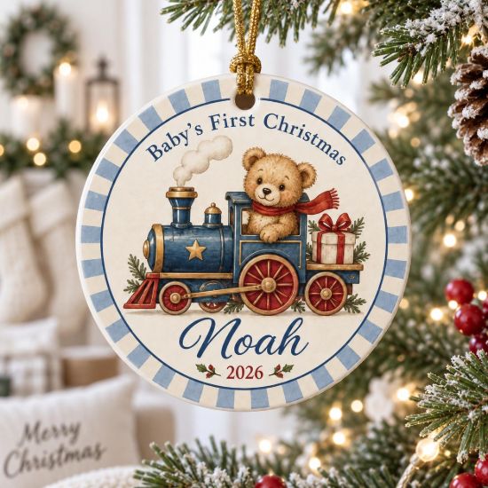 Picture of Personalized Baby First Christmas Ornament 2026, Custom Name Teddy Bear Train Ceramic Ornament, Baby Boy 1st Christmas Keepsake Gift