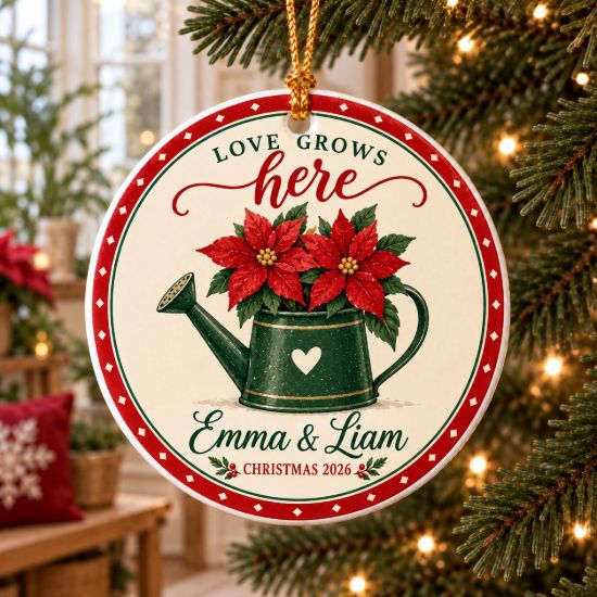 Picture of Personalized Couple Christmas Ornament 2026, Custom Names Poinsettia Garden Ceramic Ornament, Love Grows Here Christmas Keepsake Gift