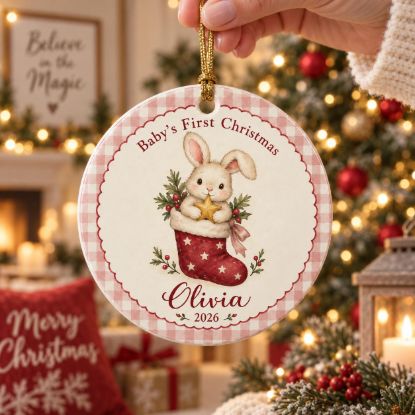 Picture of Personalized Baby First Christmas Ornament 2026, Custom Name Bunny Ceramic Ornament, Baby Girl 1st Christmas Acrylic Ornament, Newborn Gift