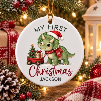 Picture of Personalized Dinosaur First Christmas Ornament, Baby’s 1st Christmas 2026, Custom Name Triceratops Ceramic Ornament, Kids Keepsake Gift