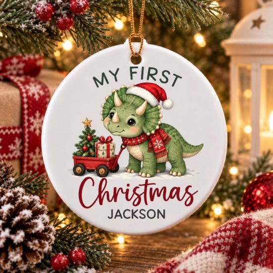 Picture of Personalized Dinosaur First Christmas Ornament, Baby’s 1st Christmas 2026, Custom Name Triceratops Ceramic Ornament, Kids Keepsake Gift