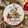Picture of Personalized Dinosaur First Christmas Ornament, Baby’s 1st Christmas 2026, Custom Name Triceratops Ceramic Ornament, Kids Keepsake Gift