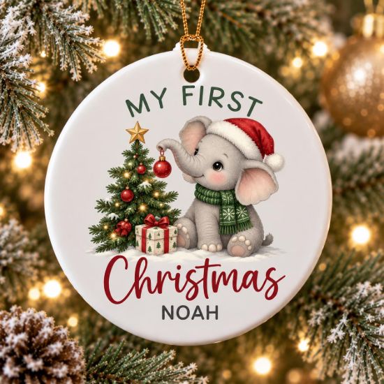 Picture of Personalized Elephant First Christmas Ornament 2026, Custom Name Baby Elephant Ceramic Ornament, Baby’s 1st Christmas Keepsake Gift