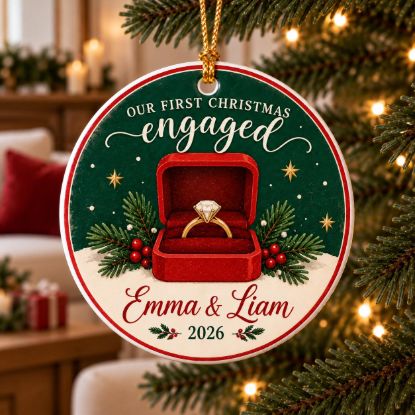 Picture of Personalized First Christmas Engaged Ornament 2026, Custom Couple Names Engagement Ceramic Ornament, Newly Engaged Christmas Keepsake Gift