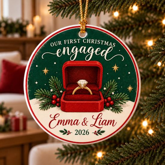 Picture of Personalized First Christmas Engaged Ornament 2026, Custom Couple Names Engagement Ceramic Ornament, Newly Engaged Christmas Keepsake Gift