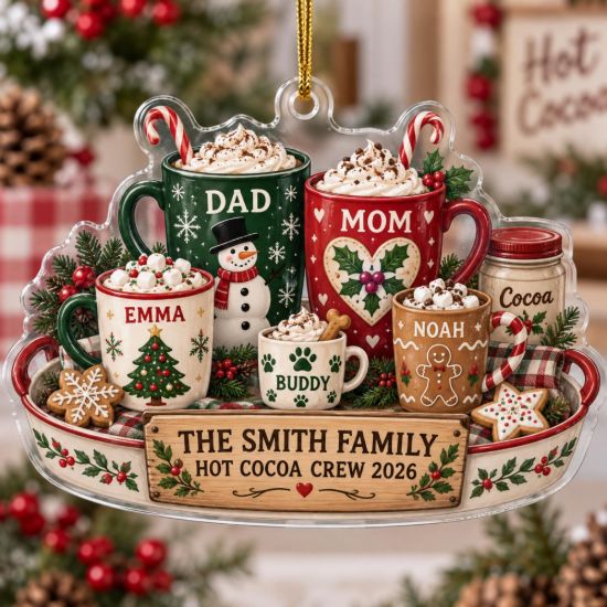 Picture of Personalized Family Christmas Ornament 2026, Custom Family Name Hot Cocoa Crew, Mom Dad Kids Pet Names, Christmas Keepsake Gift For Family