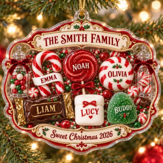 Picture of Personalized Family Christmas Ornament 2026, Custom Family Name Candy Cane Keepsake, Family Member Pet Names, Christmas Gift For Family