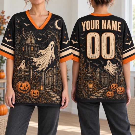 Picture of Personalized Vintage Halloween Mesh Jersey, Custom Name & Number Shirt, Haunted House Ghost Jersey, Spooky Pumpkin Halloween Gift Jersey