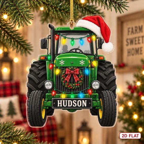 Picture of Personalized Tractor Christmas Ornament, Custom Farmer Name Acrylic Ornament, Green Farm Tractor Holiday Decor, Farmer Christmas Gift