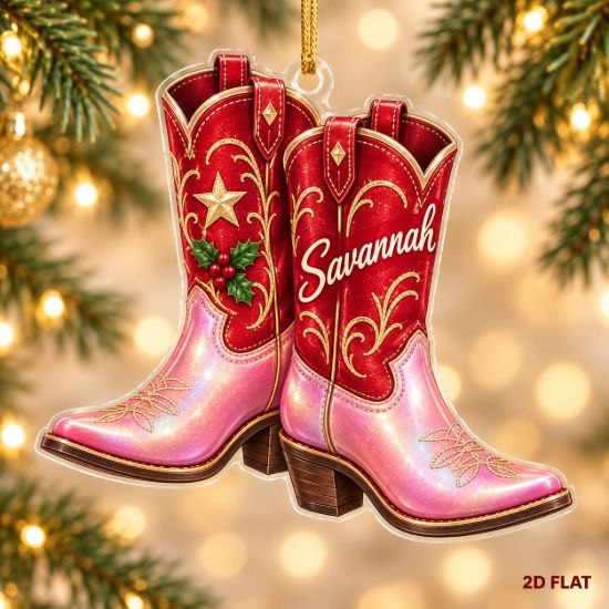 Picture of Personalized Cowgirl Boots Christmas Ornament, Custom Name Cowboy Boot Ornament, Western Christmas Decor, Cowgirl Gift, 2D Flat Ornament