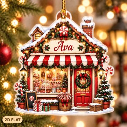 Picture of Personalized Candy Shop Christmas Ornament, Custom Name Sweet Shop Ornament, Christmas Storefront Decor, Candy Lover Gift, 2D Flat Keepsake
