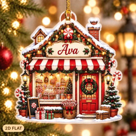 Picture of Personalized Candy Shop Christmas Ornament, Custom Name Sweet Shop Ornament, Christmas Storefront Decor, Candy Lover Gift, 2D Flat Keepsake