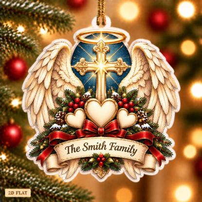Picture of Personalized Angel Wings Christmas Ornament, Custom Family Name Cross Ornament, Christian Family Gift, 2D Flat Christmas Holiday Keepsake