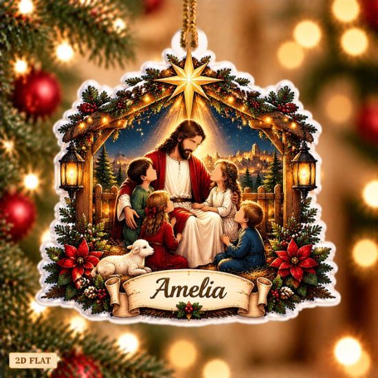 Picture of Personalized Jesus Christmas Ornament, Custom Name Christian Ornament, Religious Christmas Gift, Faith Family Keepsake, 2D Flat Tree Decor