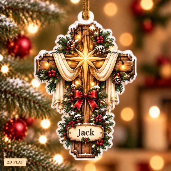 Picture of Personalized Christian Cross Christmas Ornament, Custom Name Religious Ornament, Faith Gift, Rustic Cross Holiday Keepsake, 2D Flat Decor