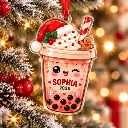 Picture of Personalized Boba Tea Christmas Ornament, Custom Name & Year Bubble Tea Ornament, Kawaii Boba Lover Gift, 2D Flat Christmas Holiday Keepsake