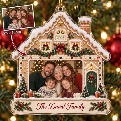 Picture of Custom Family Photo Christmas Ornament, Personalized House Ornament, Family Name Keepsake, Gingerbread Christmas Tree Decor Gift 2026